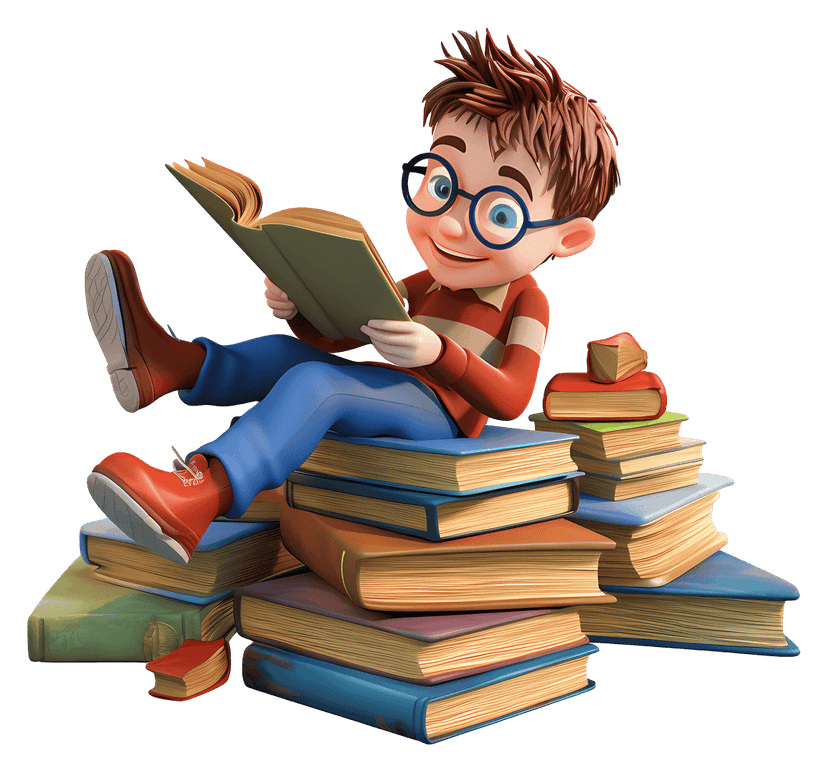 Boy wearing a red sweater and eyeglasses sits atop a tall stack of colorful books reading intently.