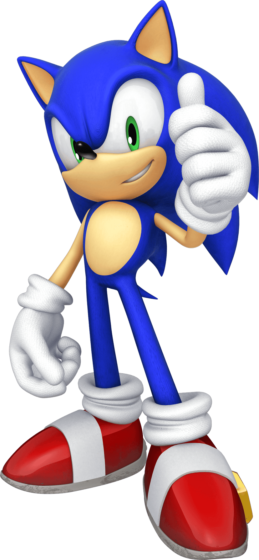 Sonic Hedgehog racing character poses in high-definition 3D renders with vibrant blue fur and red sneakers.