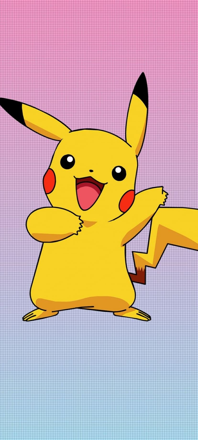 Pikachu smiles with outstretched arms against a vertical background of blended pink and light blue colors.