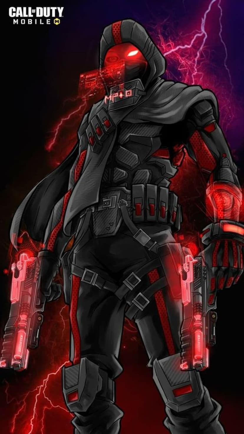 Futuristic soldier with a hooded mask and glowing red eyes holds two red handguns amid crackling lightning bolts.