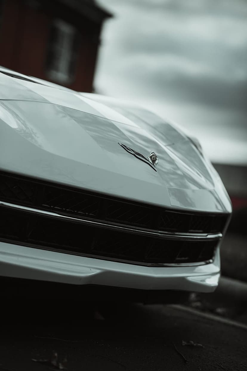 White Corvette hood and emblem featuring sharp aerodynamic lines and a black grille under an overcast sky.
