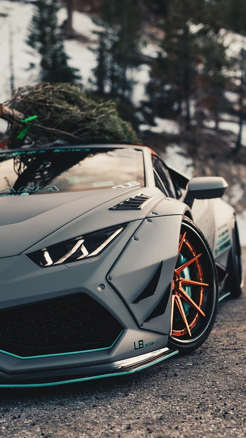 Matte gray Lamborghini with a Christmas tree on its roof and orange wheels parked in a blurry winter forest.