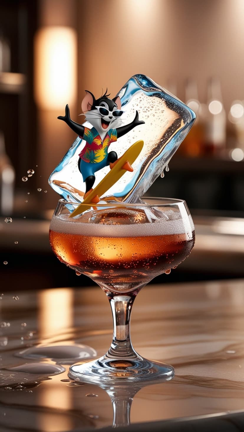 Orange cartoon cat in a Hawaiian shirt surfs on an ice cube inside a splashing tropical cocktail glass.