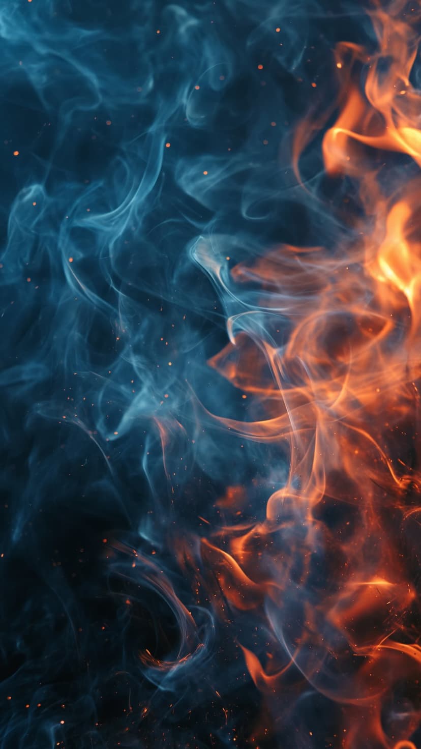 Blue smoke trails and orange fire swirls with glowing sparks and embers against a solid black background.