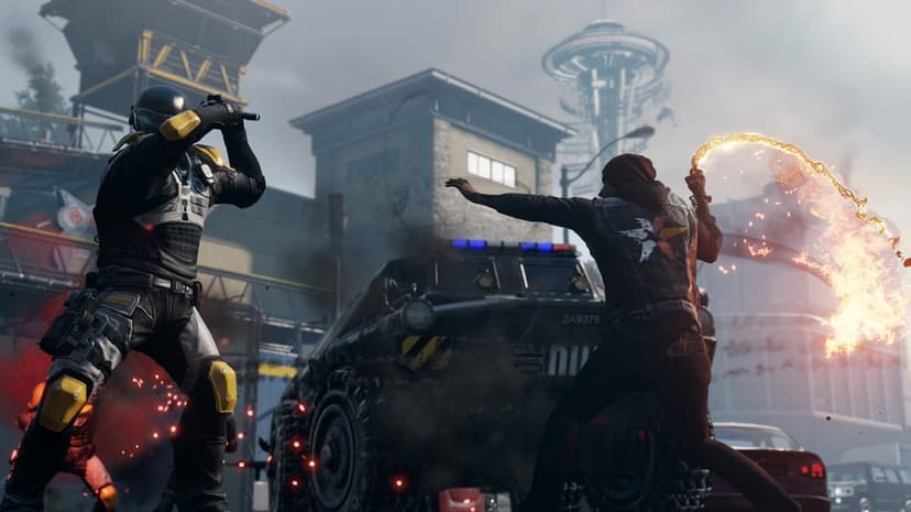 Delsin Rowe swings a flaming chain at an armored soldier near a military vehicle with the Space Needle behind.