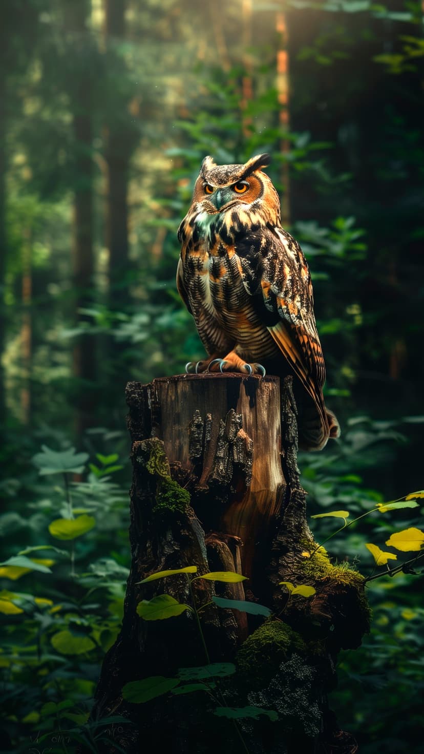 Great Horned Owl with yellow eyes sits on a mossy tree stump in a sunlit forest with a soft bokeh background.