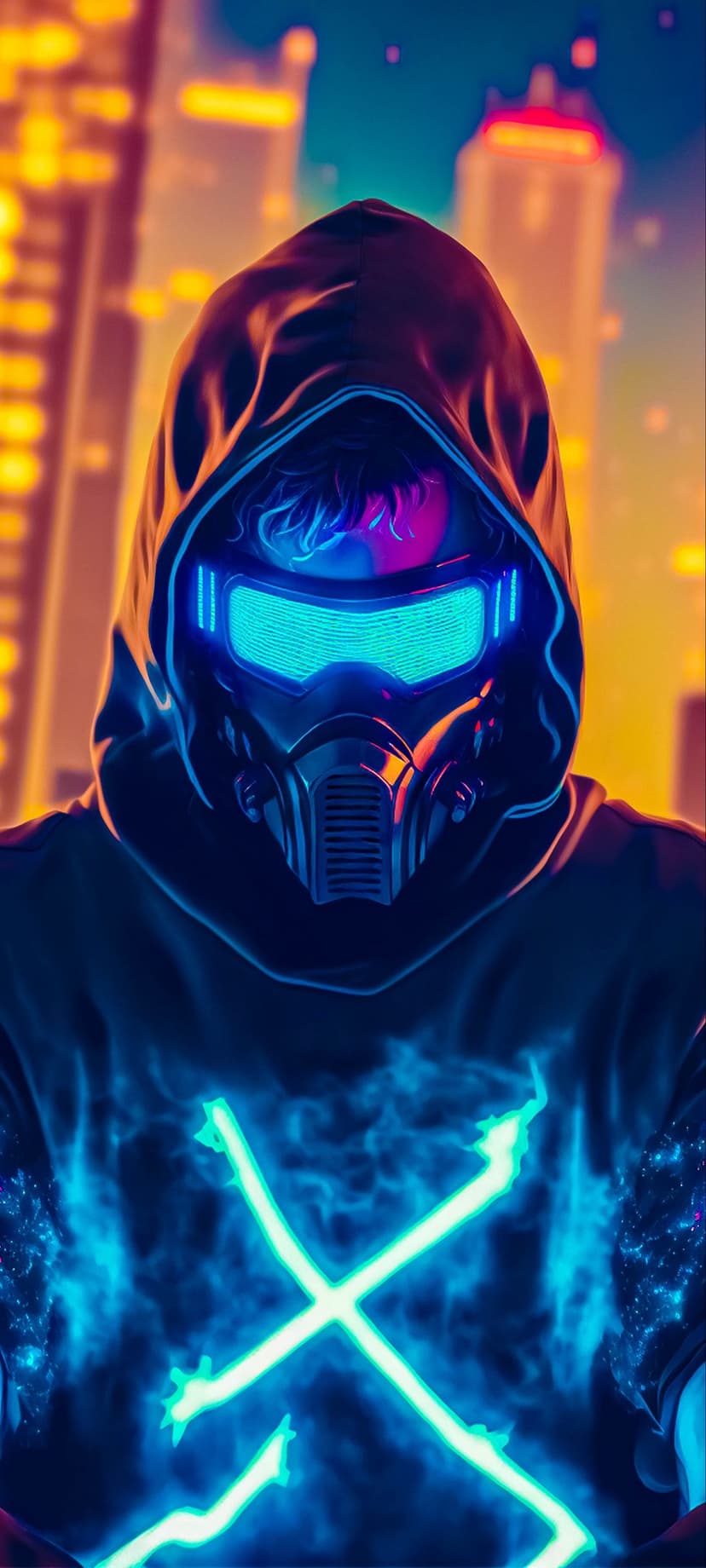 Hooded hacker wearing glowing blue goggles stands in a neon city while holding hands in an electric X shape.