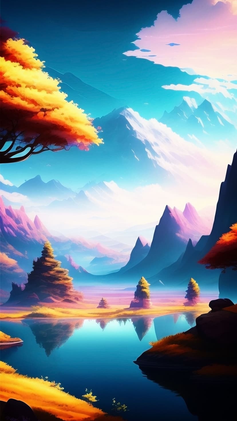Towering mountains overlook a calm lake with orange autumn trees under a soft blue and pink sunset sky.