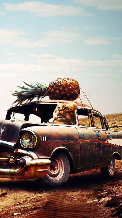 Cat driving vintage car with pineapple on roof