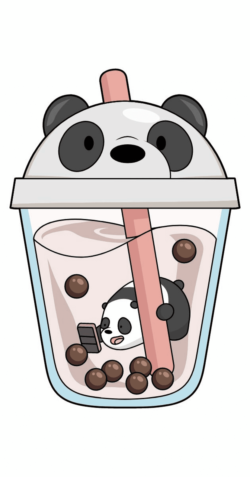 Panda head bubble tea lid sits on a pink drink containing a tiny bear with a tablet and dark boba pearls.
