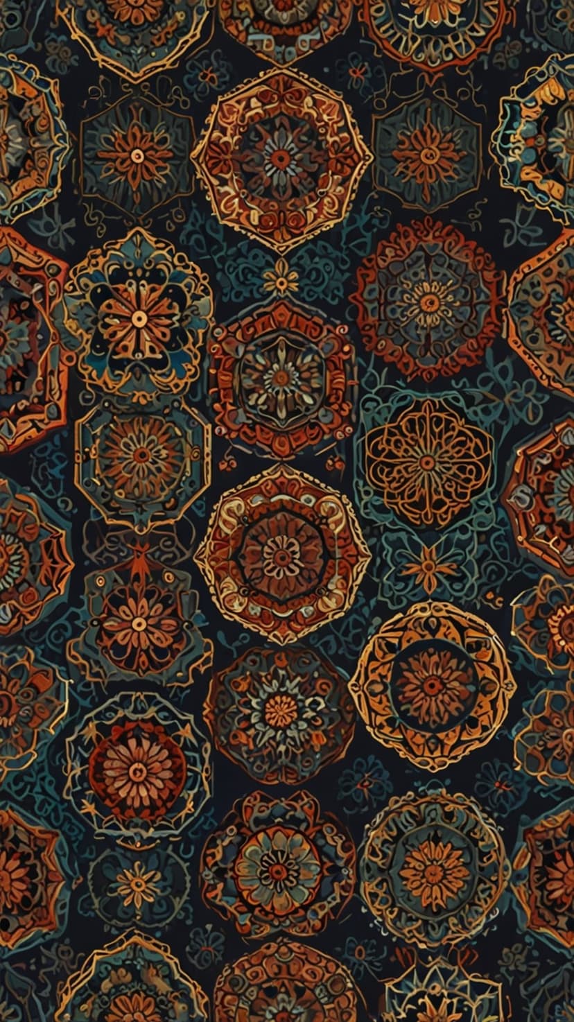 Circular bohemian mandalas in rust and gold tones repeat across a dark teal background in an ornate pattern.