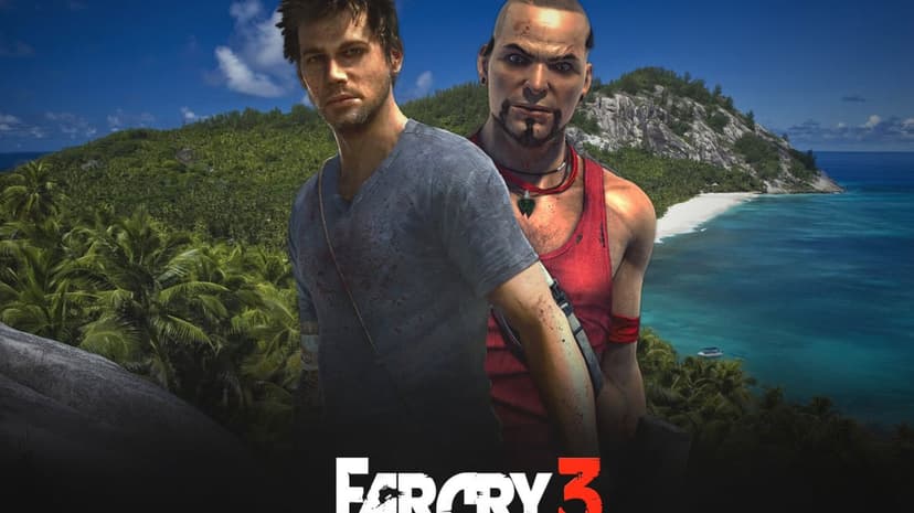Jason Brody and Vaas Montenegro stand before a tropical island with a turquoise ocean and lush jungle.