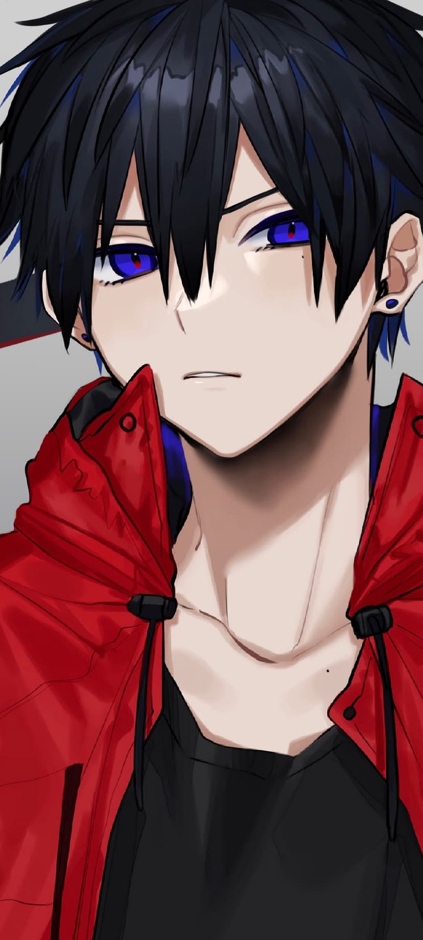 Young man with messy black hair, glowing blue eyes, and a red hooded jacket stares forward with an intense gaze.