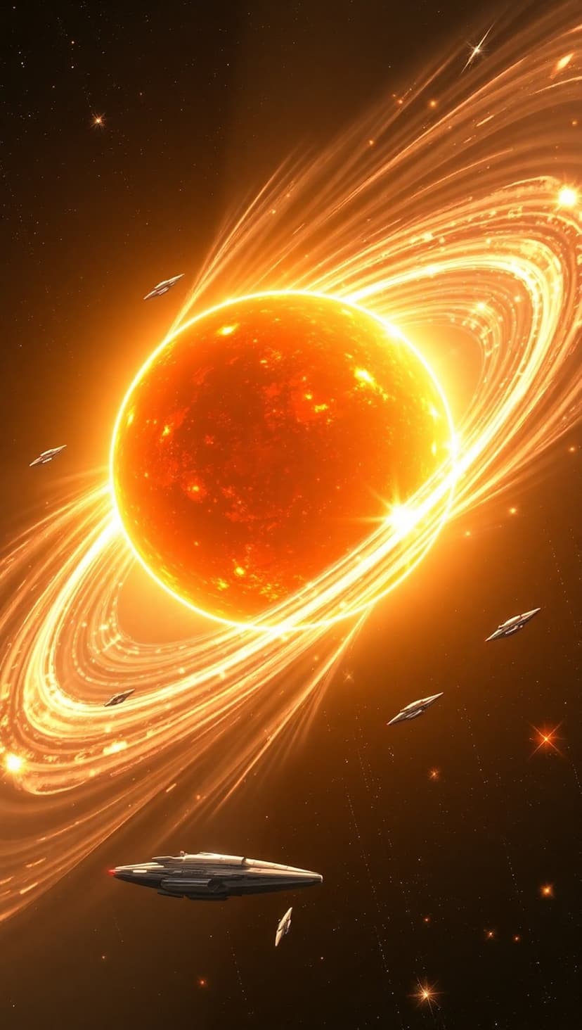 Metallic spaceships glide past a massive sun encircled by glowing orange rings in a dark star-filled cosmos.