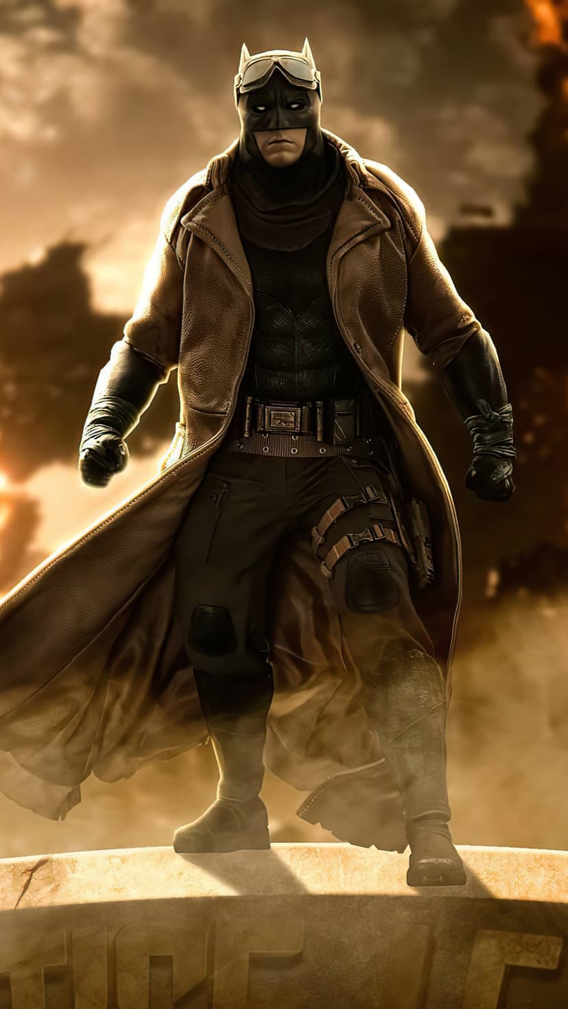 Batman wearing a brown trench coat and desert goggles against a smoky sky in a low-angle vertical portrait.