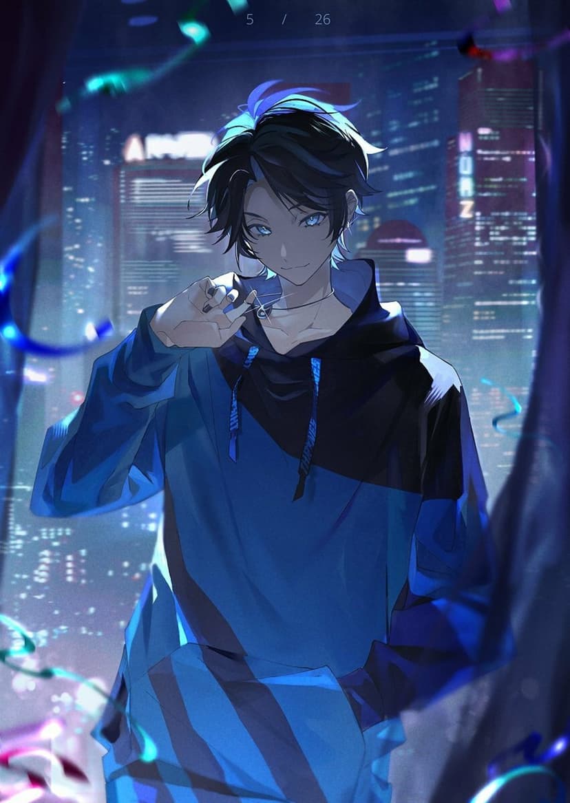 Anime boy with blue eyes and a dark hoodie stands before a glowing neon cityscape with floating light particles.