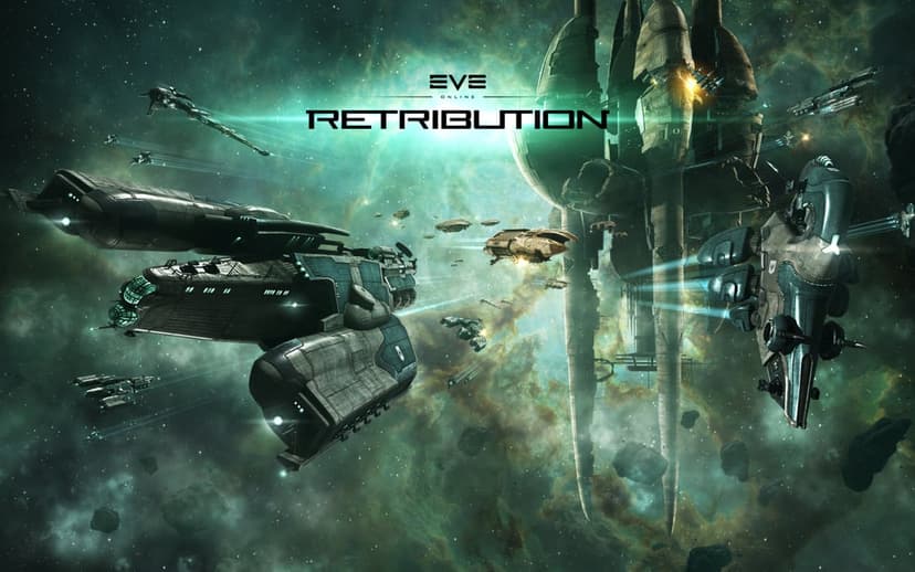 Massive spaceships and a spindly space station drift through a glowing green nebula filled with asteroids.