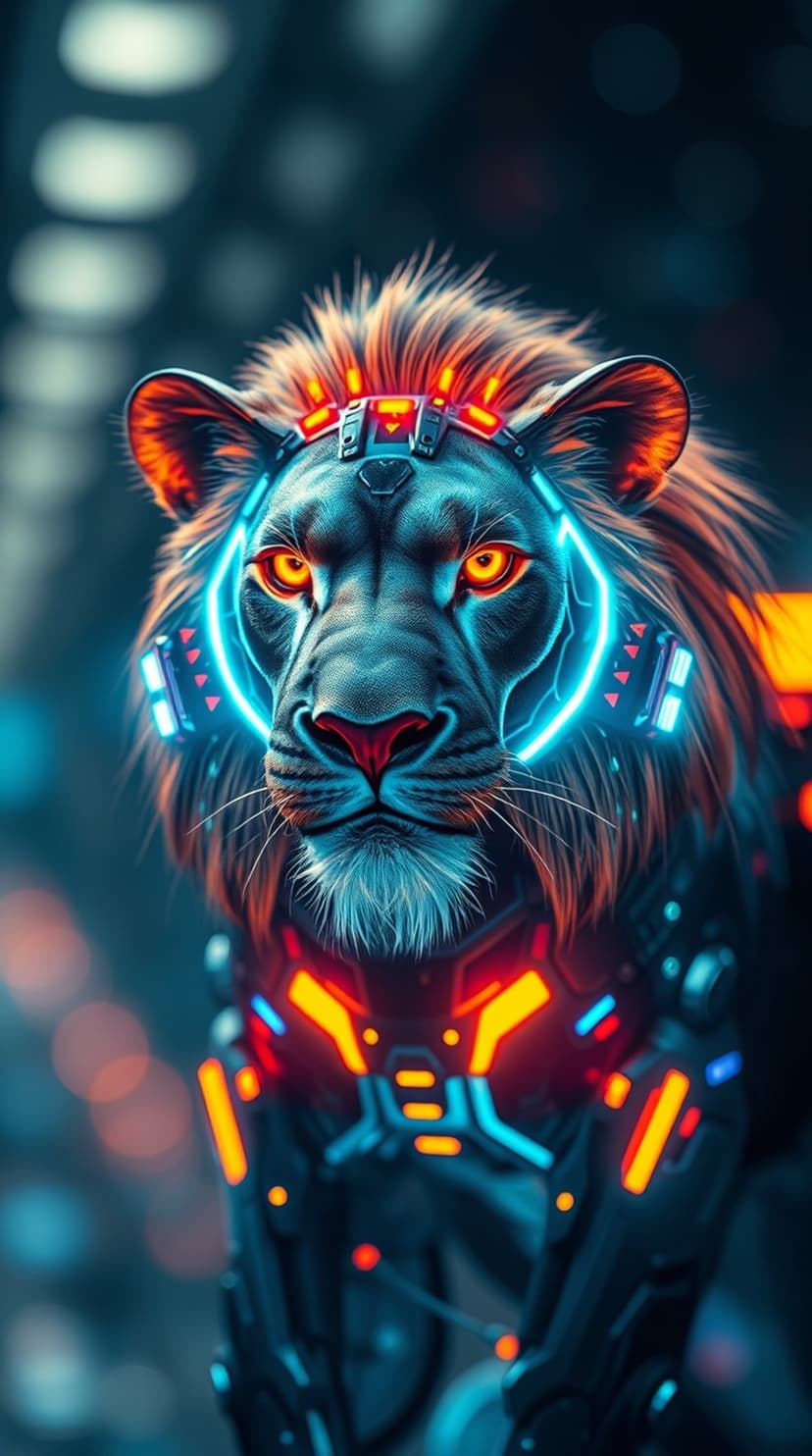 Cybernetic lion with glowing blue circuitry and orange eyes wearing metallic armor in a dark urban setting.