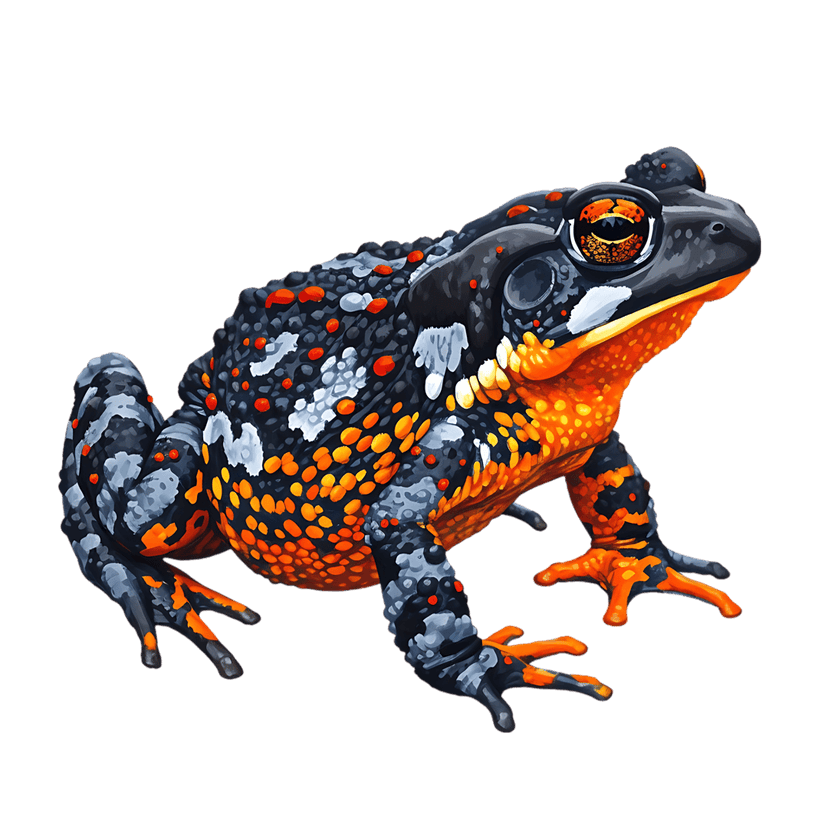 Fire-bellied toad illustration features dark gray mosaic skin and bright orange spots on a black background.