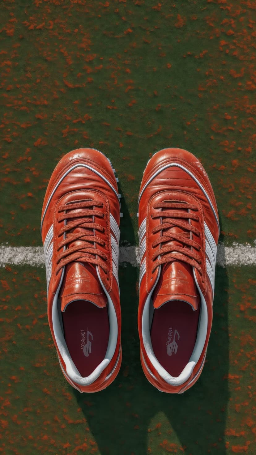 Orange soccer cleats with white stripes rest on a green grass field from a top-down perspective in bright light.