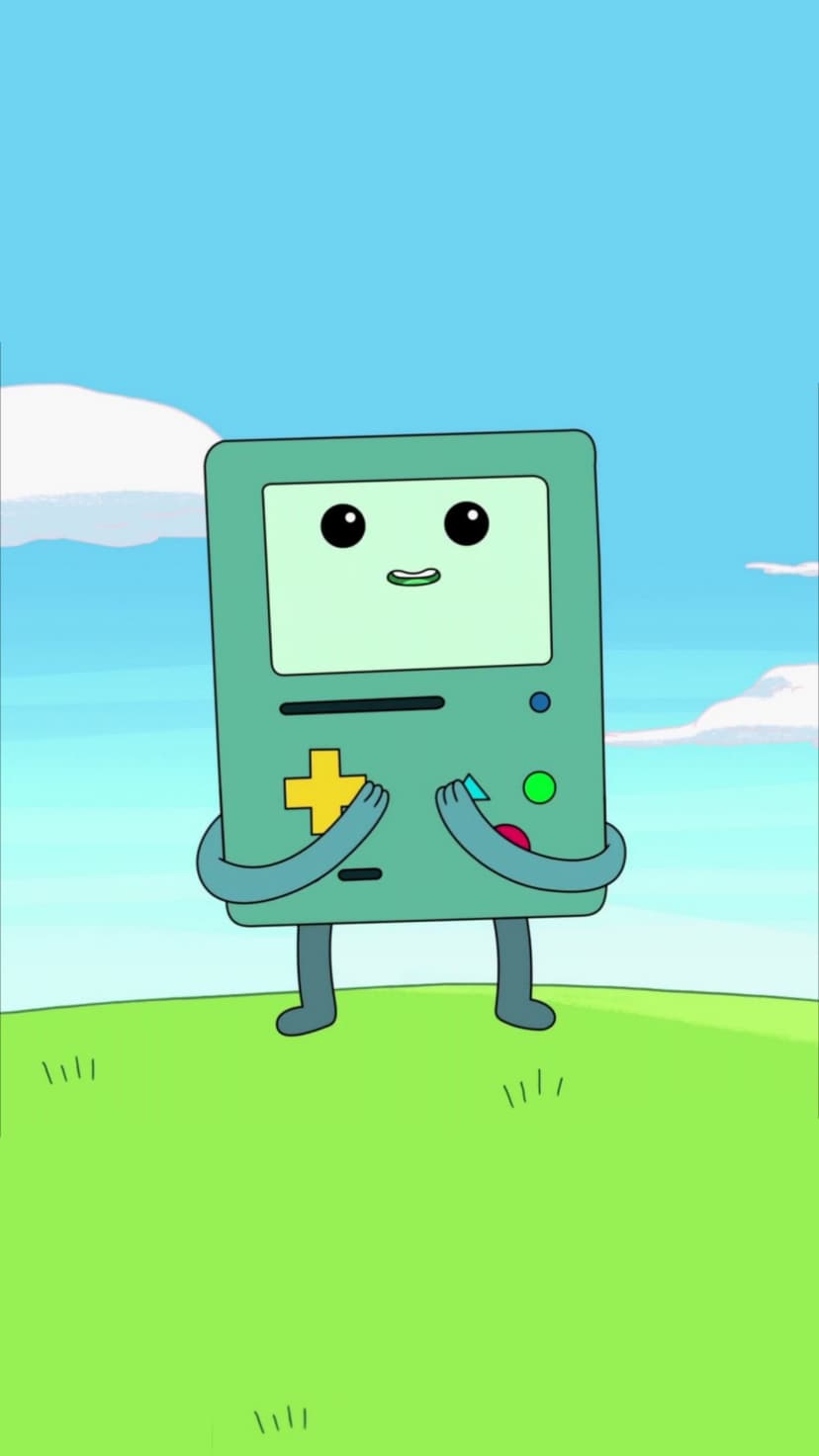 BMO the robot stands on a green grassy hill under a blue sky with soft white clouds in a cute pose.