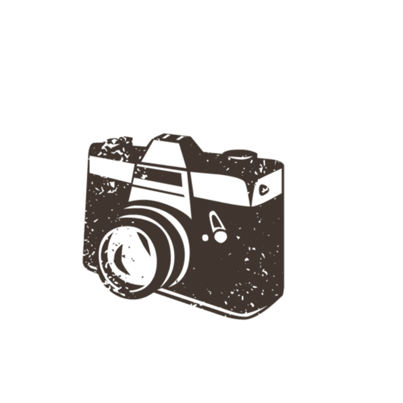 Vintage film camera with a large glass lens and textured black body stands against a transparent background.