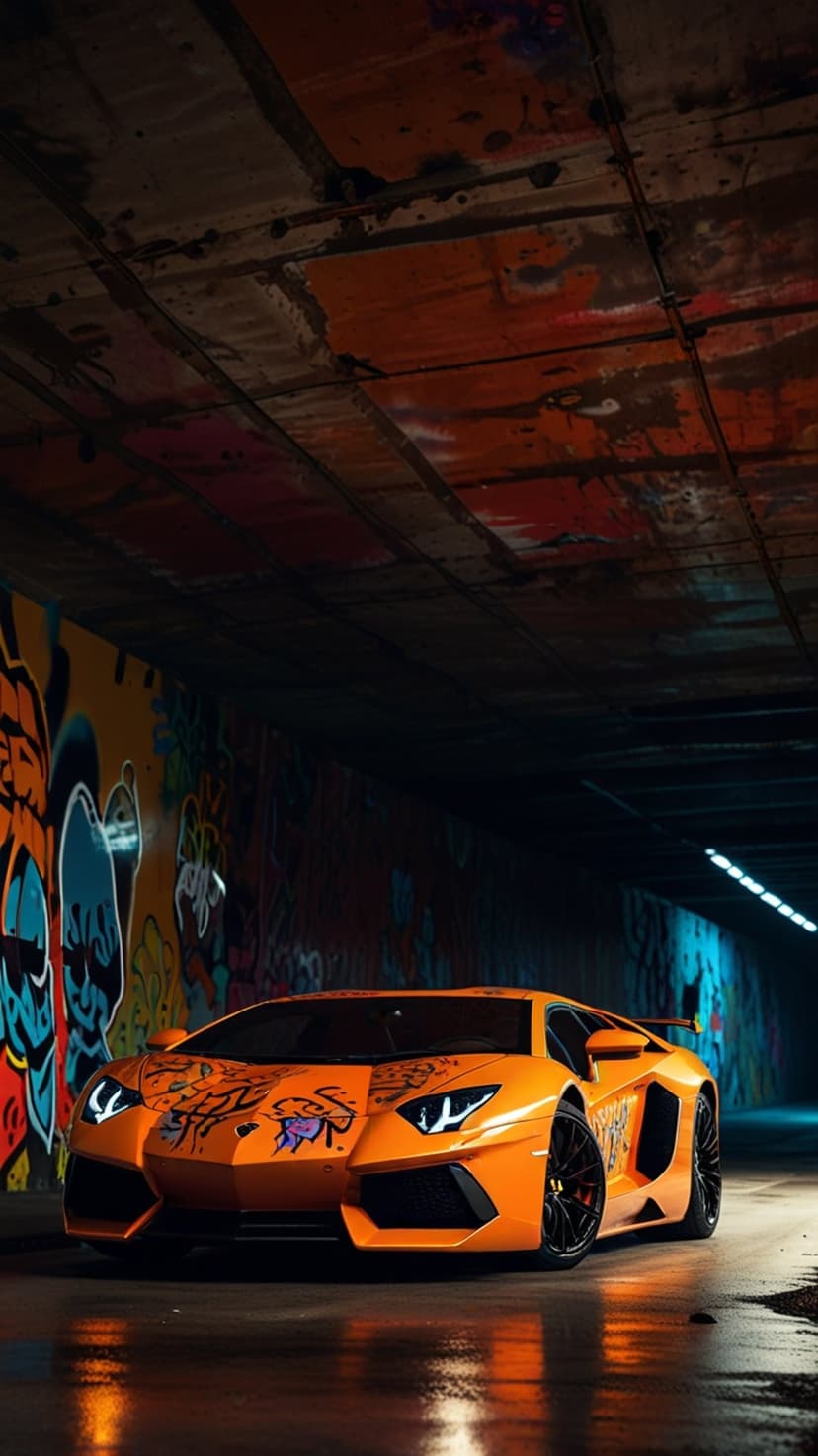 Orange Lamborghini Aventador parked in an urban tunnel with colorful graffiti walls and wet ground reflections.