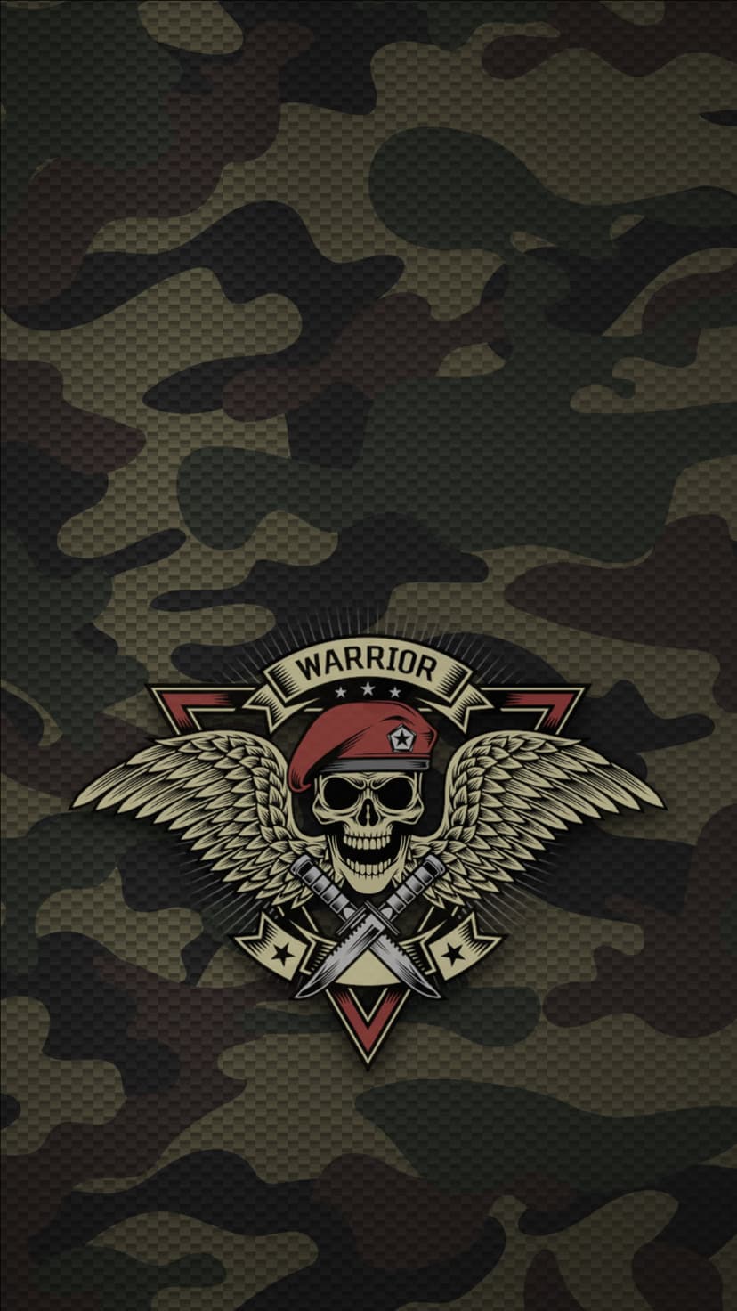 Military skull wearing a red beret with feathered wings and crossed knives over a camouflage backdrop.