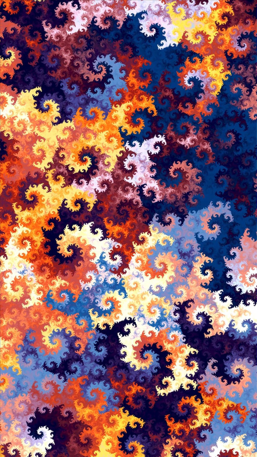 Glowing orange and deep blue fractal spirals twist into an intricate mathematical pattern with luminous edges.
