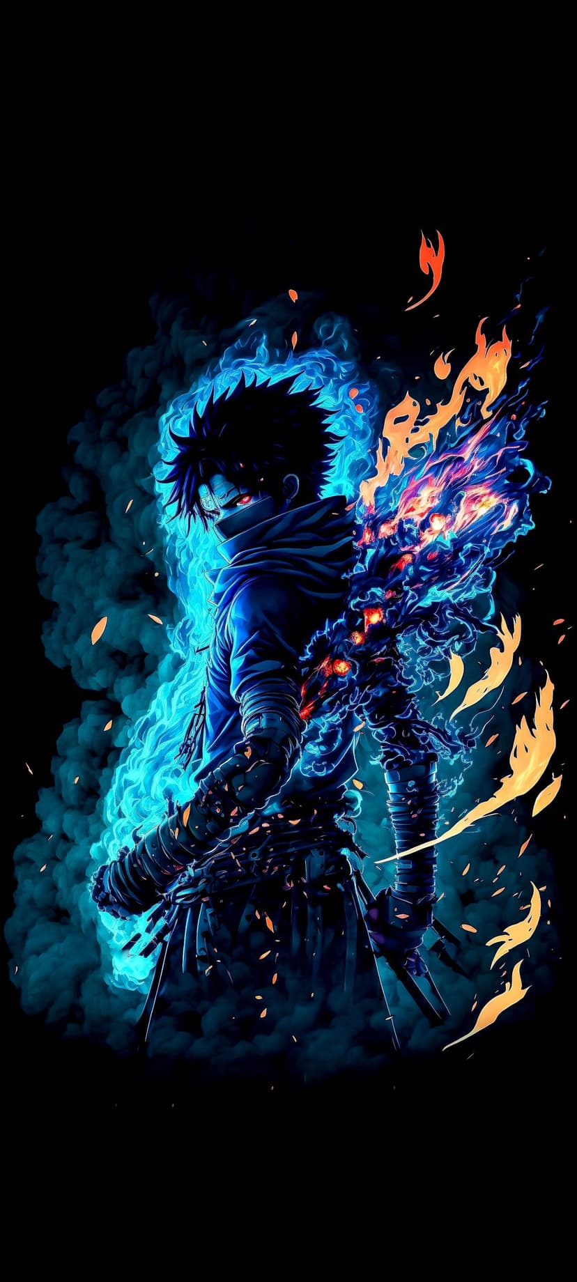 Ninja character holding a sword while surrounded by swirling blue flames and orange sparks on a dark backdrop.