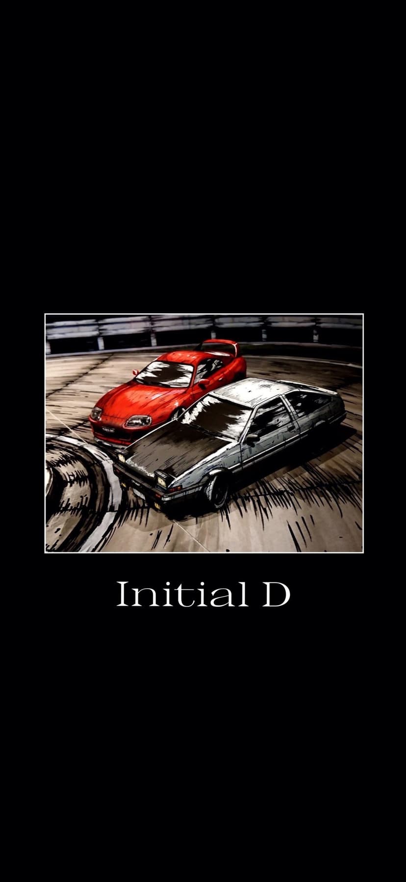 Toyota Supra and AE86 Corolla drift side-by-side on a mountain road with Initial D text at the bottom edge.