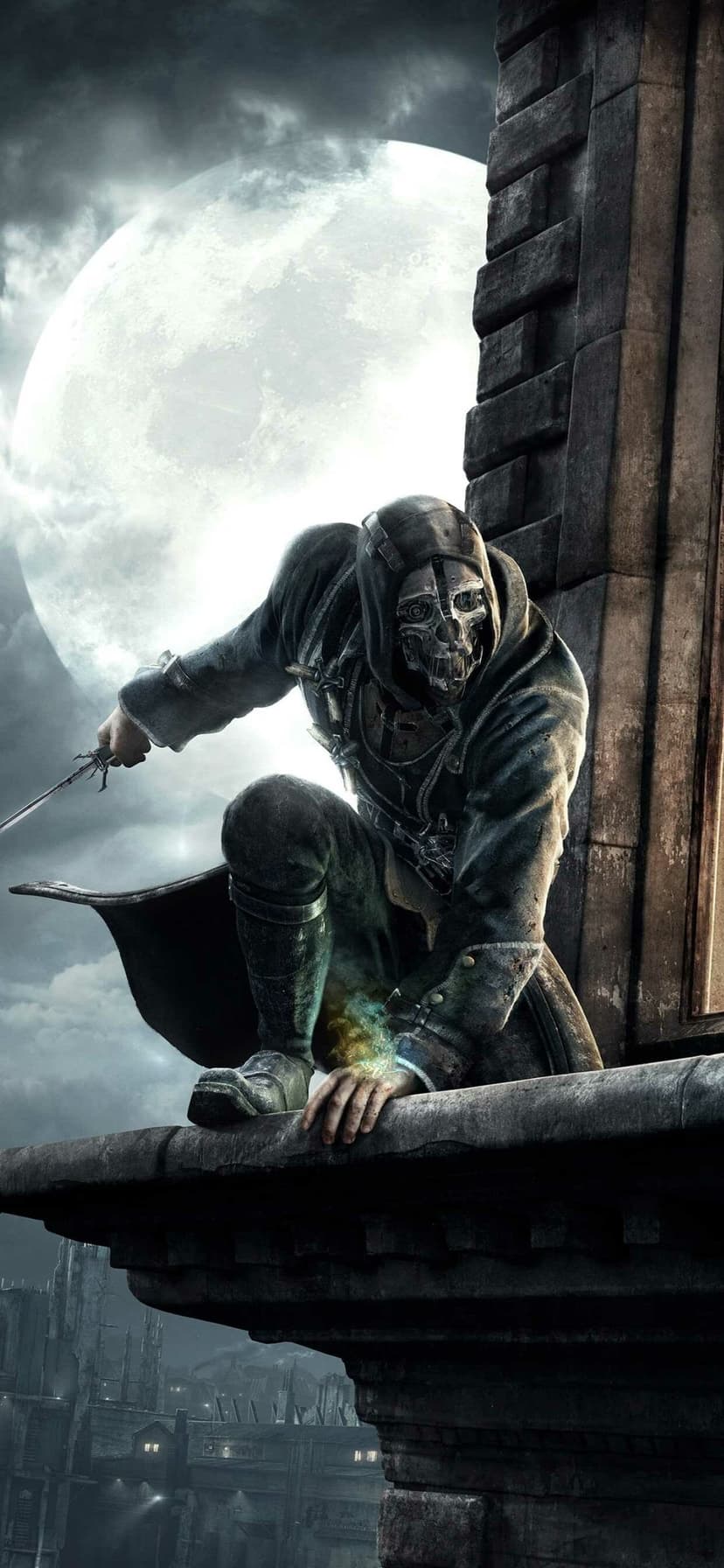 Hooded assassin in a skull mask holding a blade on a ledge against a giant moon and dark city background.