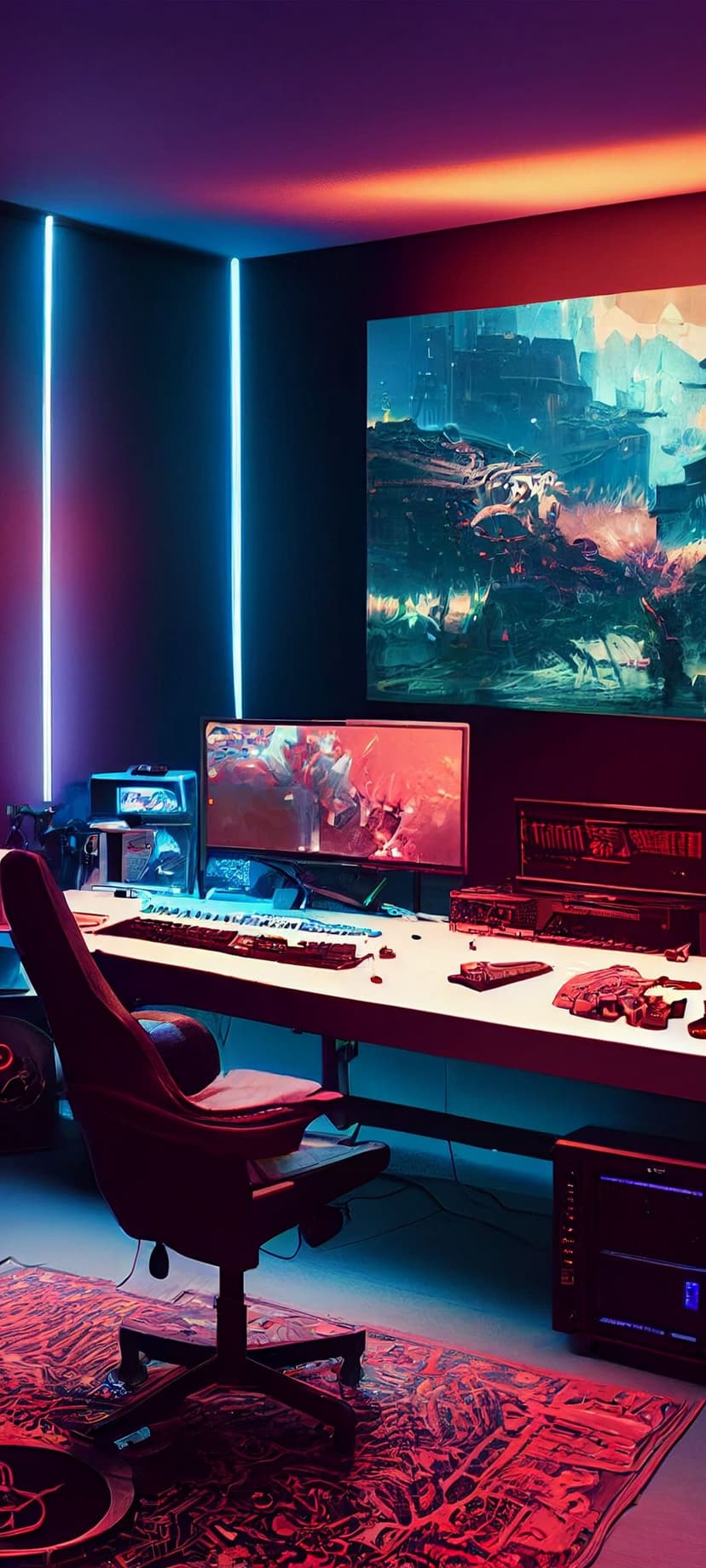 Gaming desk with a glowing PC tower and ergonomic chair illuminated by vibrant cyan and magenta ambient lights.
