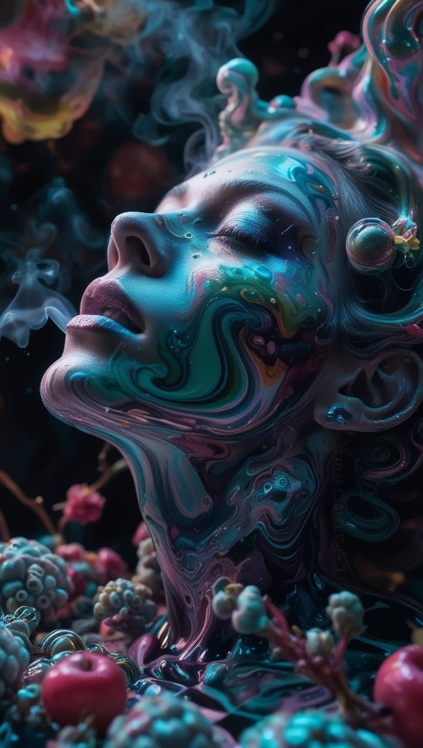 Woman's profile with teal and purple swirling skin patterns exhaling white smoke against a dark background.