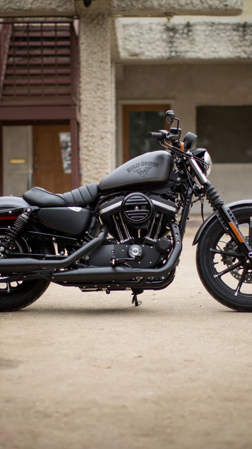 Matte black Harley-Davidson motorcycle profile view with a blurred concrete building background.