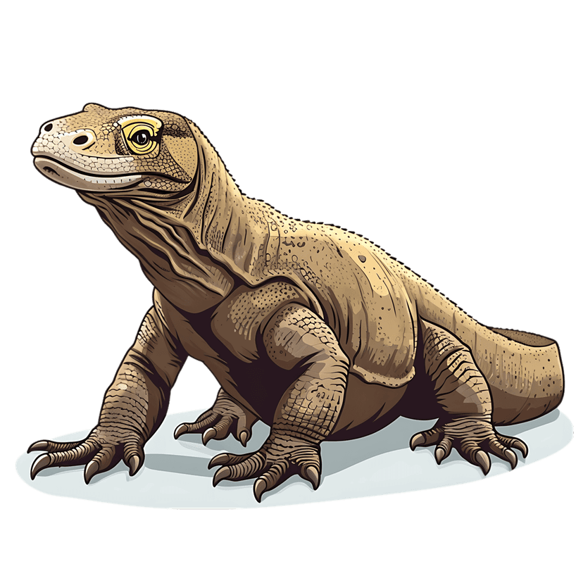 Komodo dragon reptile illustration features detailed scaly textures, yellow eyes, and dark studio lighting.
