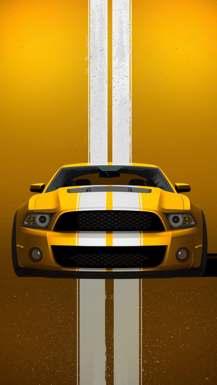 Yellow Ford Mustang with white racing stripes centered on a textured yellow background in a frontal view.