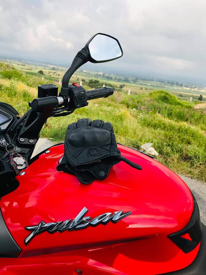 Red Pulsar motorcycle tank with black gloves rests before a scenic landscape of green hills and cloudy skies.