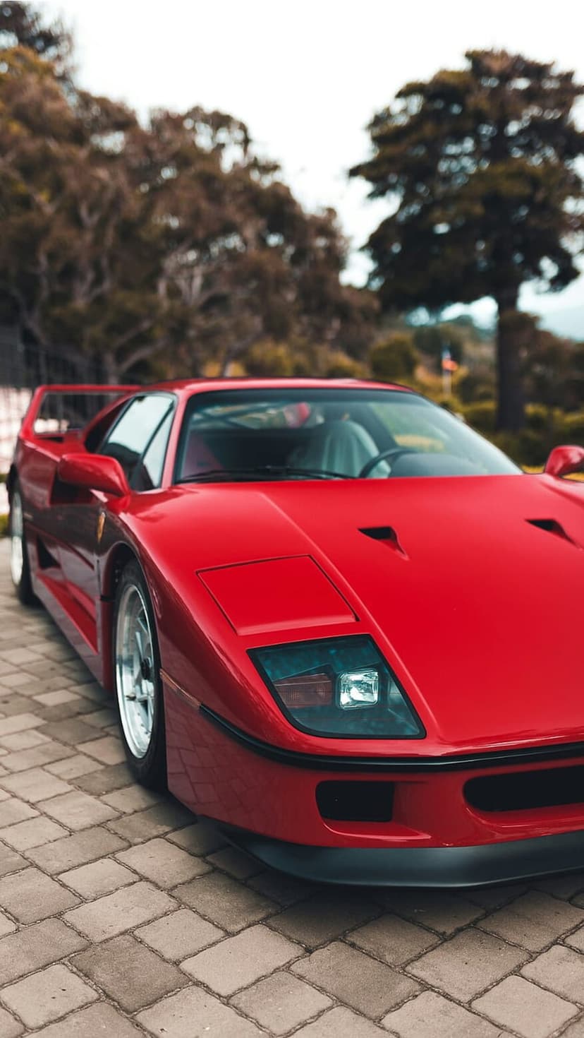 Ferrari F40 supercar in red parked on a brick driveway with green trees and a grey sky in the background.