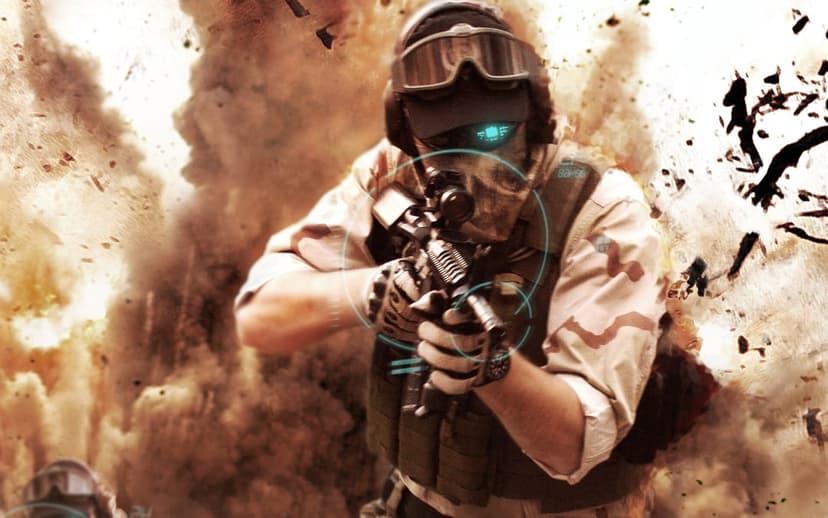 Tactical soldier in desert camo aiming a rifle with a glowing blue HUD overlay during a massive explosion.
