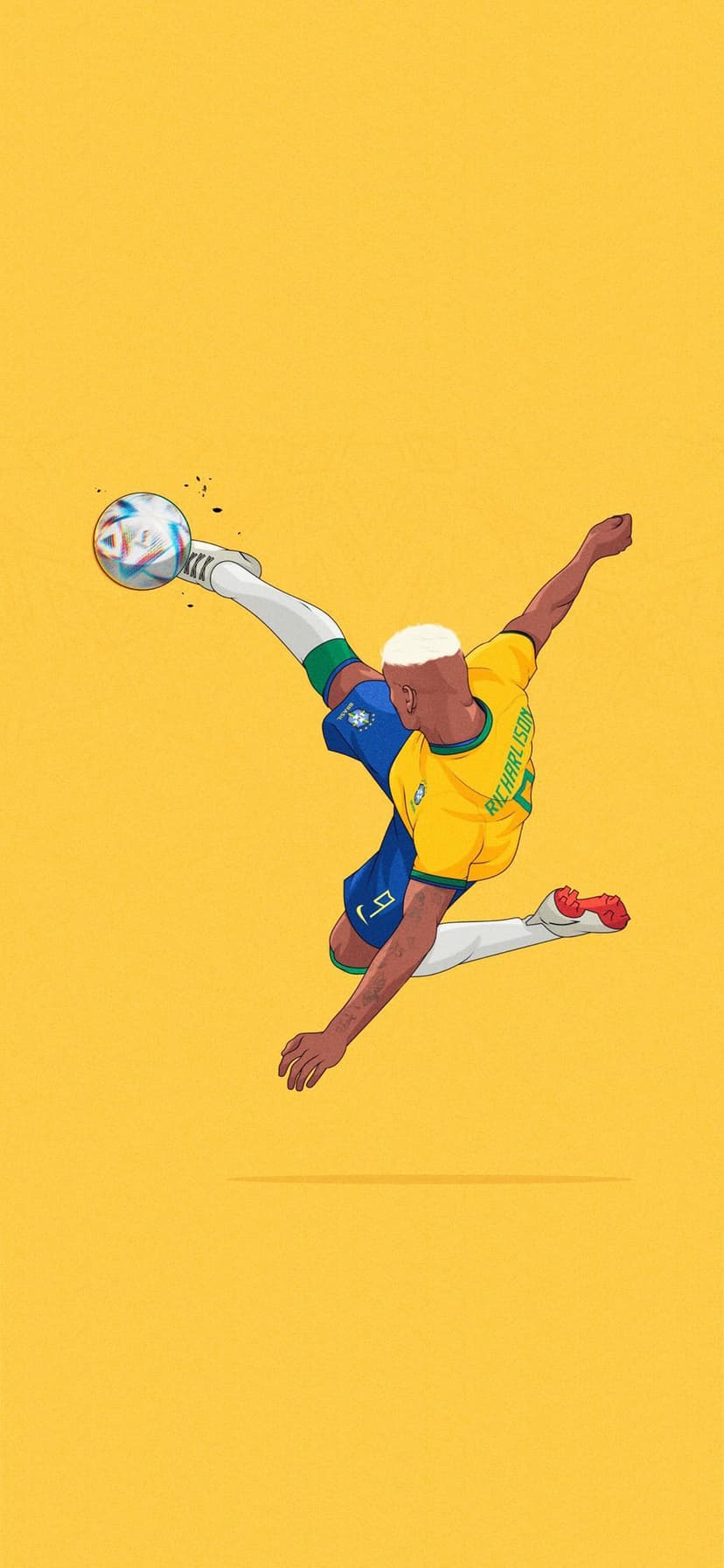 Richarlison executes a mid-air bicycle kick while wearing a yellow Brazil kit against a bright yellow backdrop.