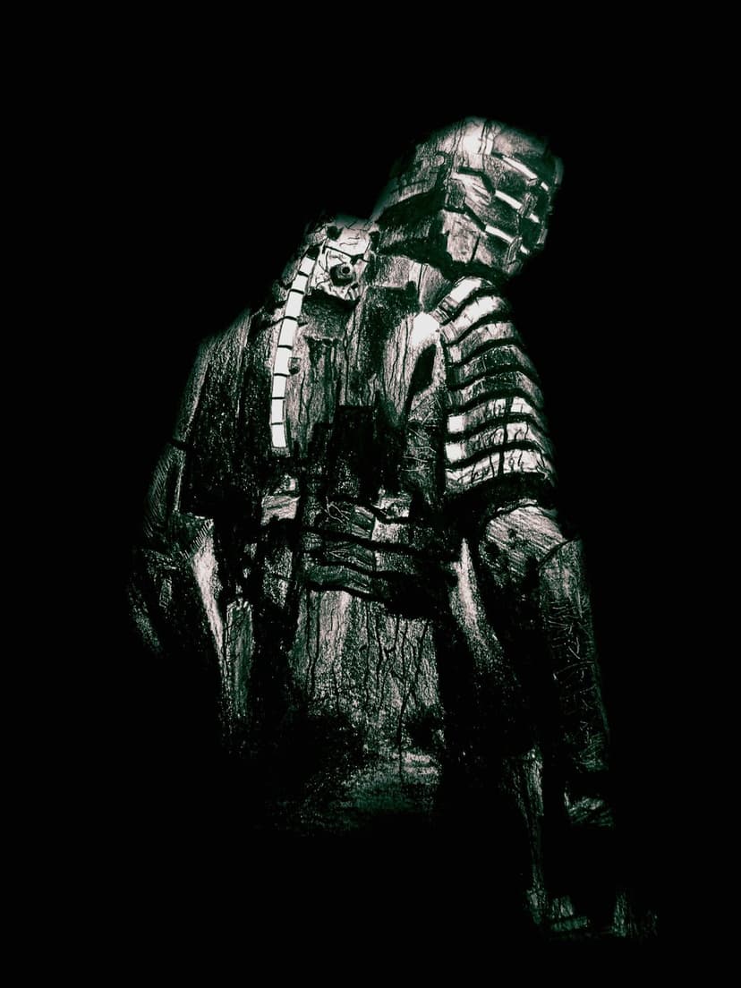 Sci-fi character in armored suit with a glowing health bar on the spine looking over a shoulder in darkness.