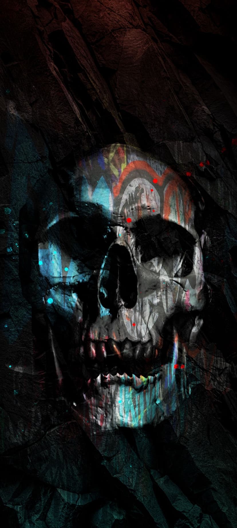 Skeletal head covered in bright red, blue, and yellow paint splatters against a gritty black textured surface.