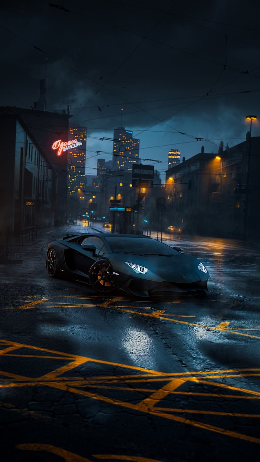 Black Lamborghini Aventador on a wet city street at night with neon signs reflecting on the rainy pavement.