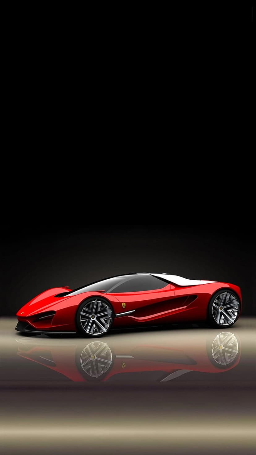 Red Ferrari concept car with a white roof reflects on a polished dark floor in a minimalist studio setting.