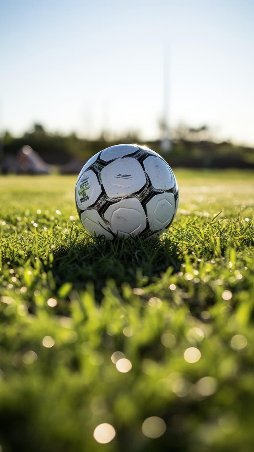 Soccer ball rests on green grass under a golden sunset with glistening dew drops and soft bokeh background.