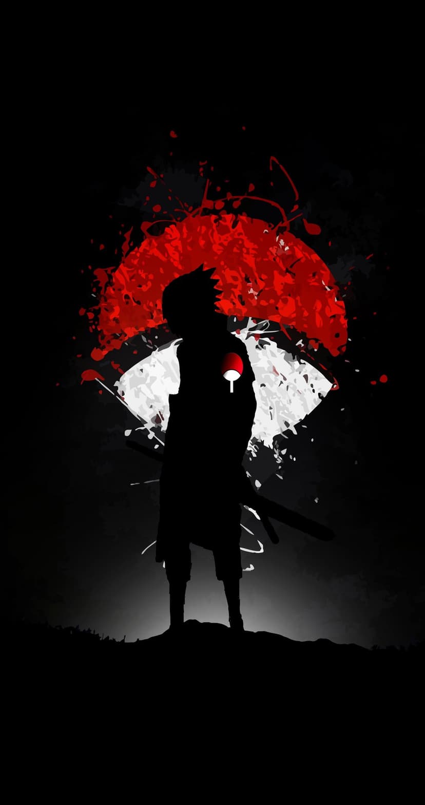 Sasuke Uchiha in silhouette with a red Sharingan eye and visceral red and white splatters on a black background.