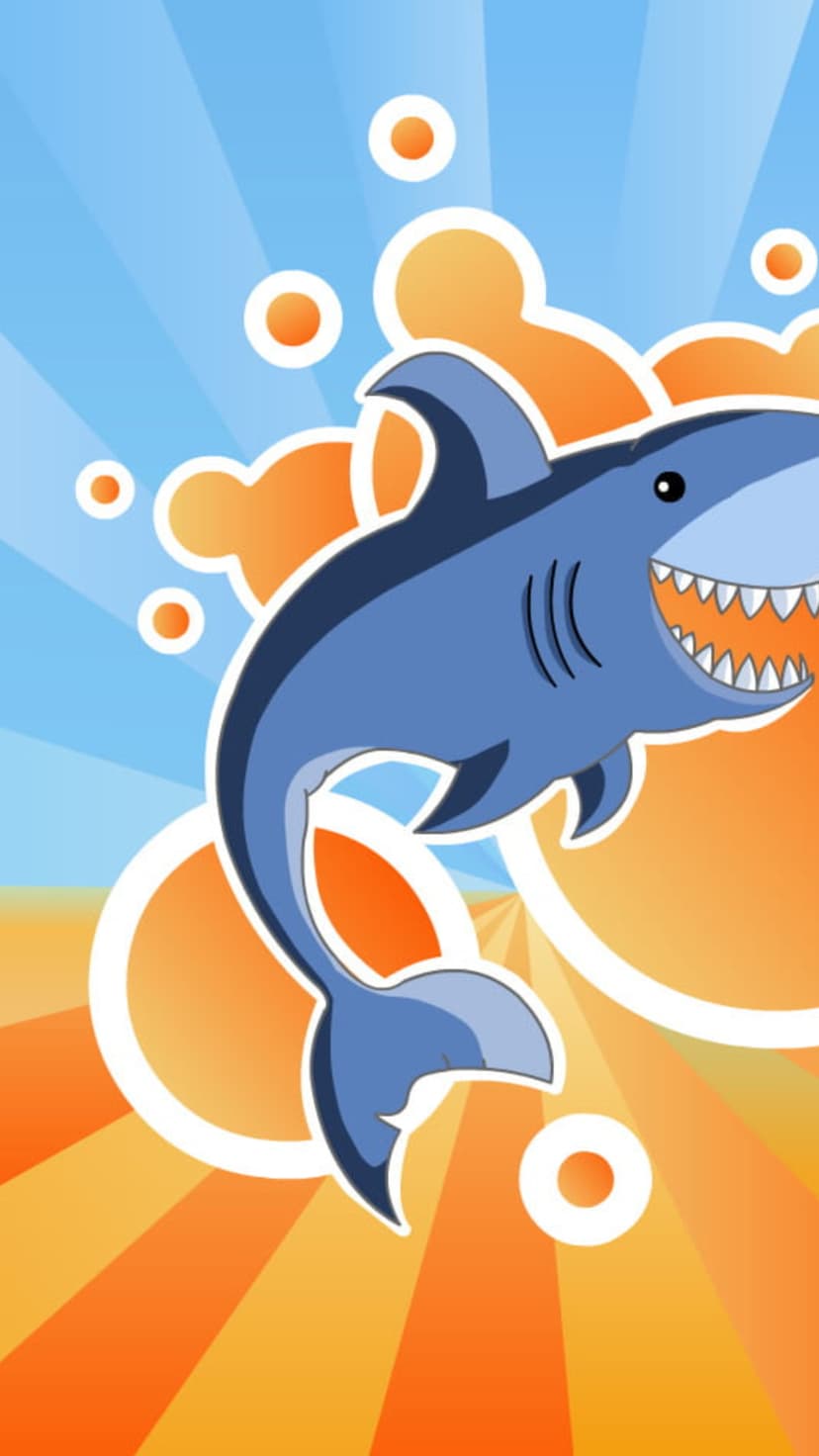 Blue shark with sharp teeth swimming among bright orange bubbles and sunbeams in a vibrant aquatic scene.