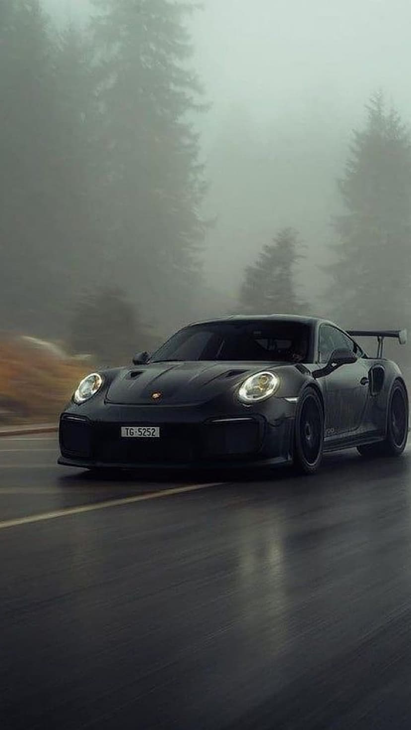 Black Porsche GT2 RS driving on a wet forest road surrounded by tall evergreen trees and thick mountain mist.