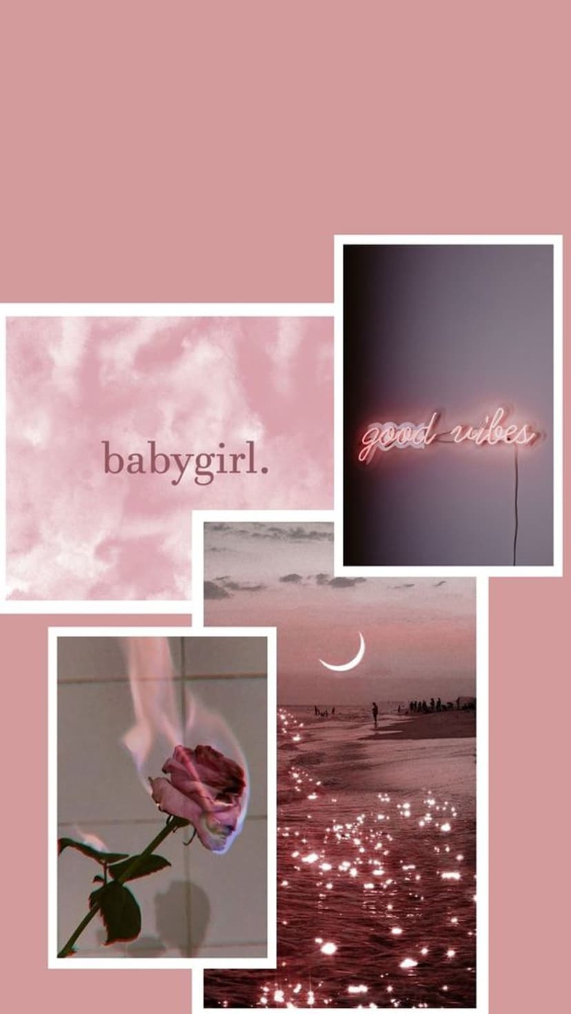 Pink neon sign, a burning flower, and a moonlit beach scene arranged in a vertical aesthetic mood board.